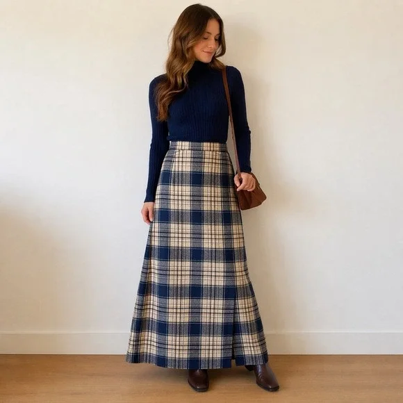 VTG Pendleton 100 % Virgin Wool Plaid Skirt 9/10 Blue Tan A-Line Midi USA Preppy - Picture 1 of 12
